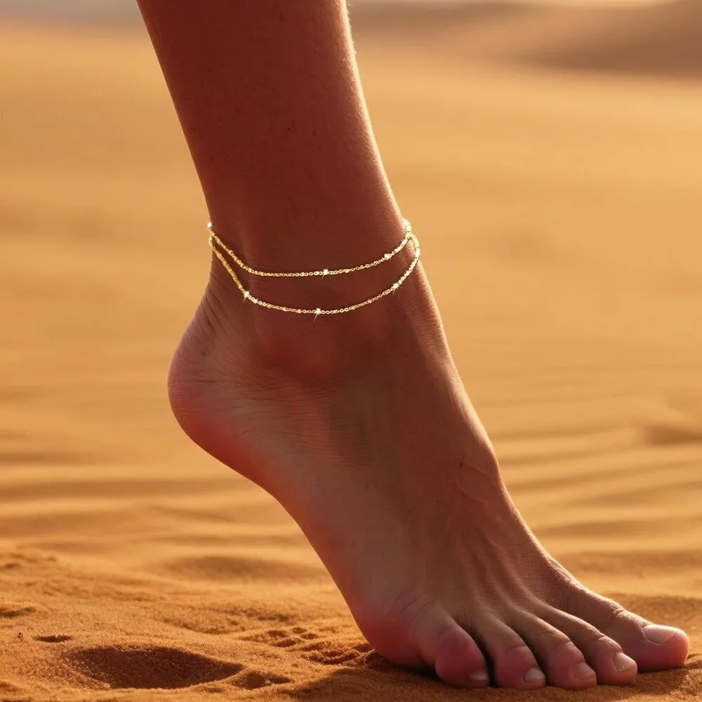 Gold Anklet Duo Yellow Gold Plated 8.5+2.5in Link Chain Summer Beach Jewelry - Picture 2 of 9
